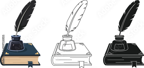 Illustration of quill pen and inkwell on book for writing history literature and education concept