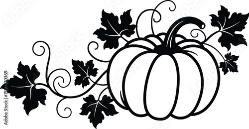 Ornamental pumpkin design with stylized leaves and vines. Versatile black and white pumpkin vector, perfect for Halloween, Thanksgiving, and autumn themes. Ideal for decor, crafts, stickers, coloring 