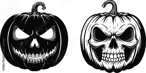 Two Halloween pumpkins with menacing skull faces.