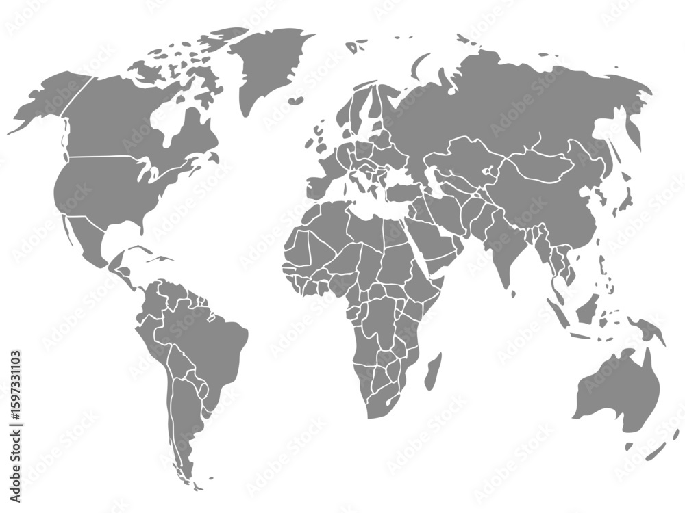 Fototapeta premium A gray world map with country borders displayed on a white background showing all continents visible clearly | editable eps vectors silhouette