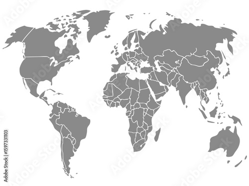 A gray world map with country borders displayed on a white background showing all continents visible clearly | editable eps vectors silhouette