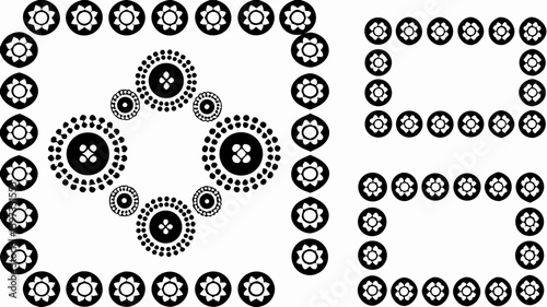 Black and white design featuring floral patterns in circles and rectangular arrangements on a white background | editable eps vectors silhouette
