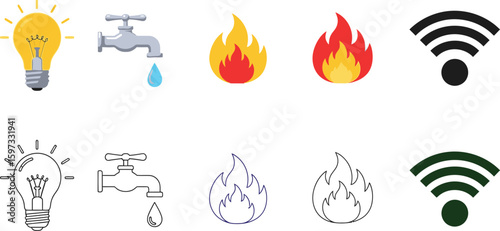 Utility icons vector set: light bulb, water tap, fire flame, wifi signal, energy and resource symbols