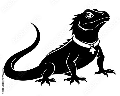 black vector Lizard with collar silhouette in black and white, standing tall, a unique animal design and reptile art concept for creative projects