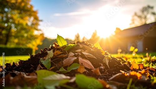 Autumn leaves piled high in garden