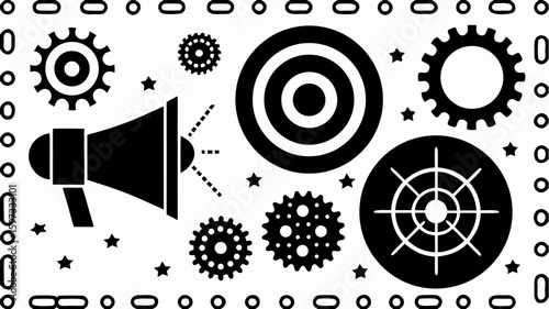 A collection of gears targets megaphone and stars arranged in a pattern with a decorative border design | editable eps vectors silhouette