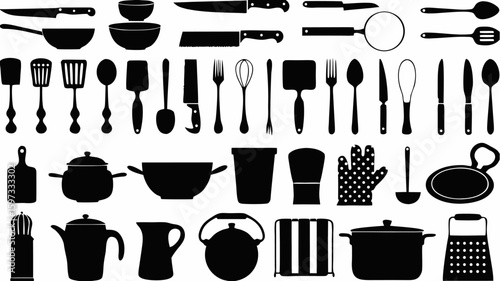 Collection of kitchen utensils including knives spoons pots pans and other cooking implements in black silhouette | editable eps vectors