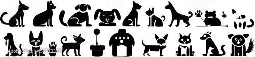 Silhouette illustration featuring various dog breeds along with a dog house and a potted plant design | editable eps vectors