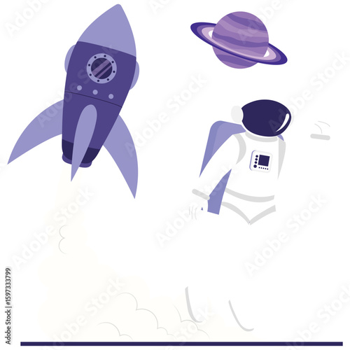 Space Activity Illustration. Vector illustration of A rocket launches into space while an astronaut floats nearby and a planet appears in the background. Isolated on background