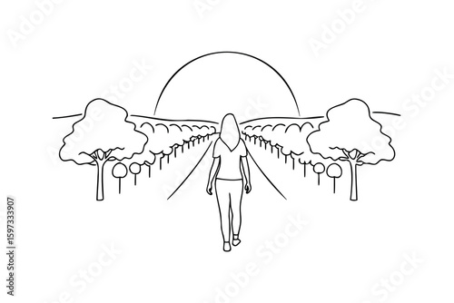 Woman walking down path between trees towards sun Handdrawn continuous line drawing
