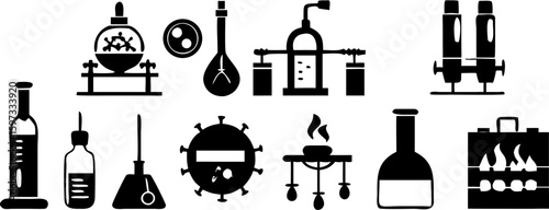 Illustration of various scientific laboratory equipment including flasks, burners, and other apparatus | editable eps vectors silhouette