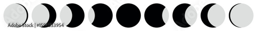 Gray and black moon phases vector chart showing full lunar cycle in minimalist flat style with crescent gibbous quarter moon shapes isolated on transparent background astronomy clipart design