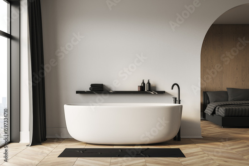Fototapeta Naklejka Na Ścianę i Meble -  Modern luxury bathroom with freestanding bathtub and black fixtures near bedroom and city view window, featuring stylish wooden parquet floor. 3D Rendering