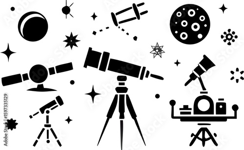 Collection of telescopes planets and stars in black and white astronomical theme with space objects art 100 | editable eps vectors silhouette