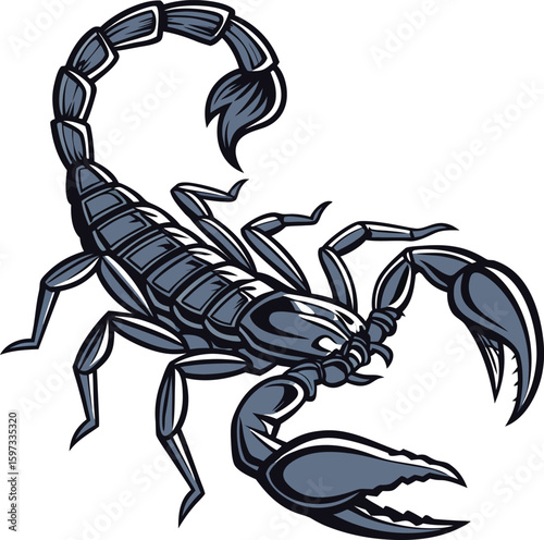Black scorpion silhouette with claws and stinger isolated on white background