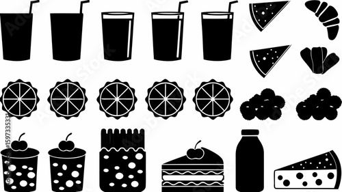 Illustration of various food and drink items including juice oranges pastries and baked desserts 100 char | editable eps vectors silhouette