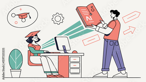 Student Engaged with Educator, Classroom Environment, Illustration Concept