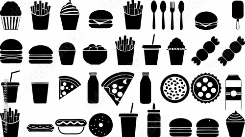 Black and white silhouette illustration showcasing a variety of fast food and sweet treat items arranged | editable eps vectors