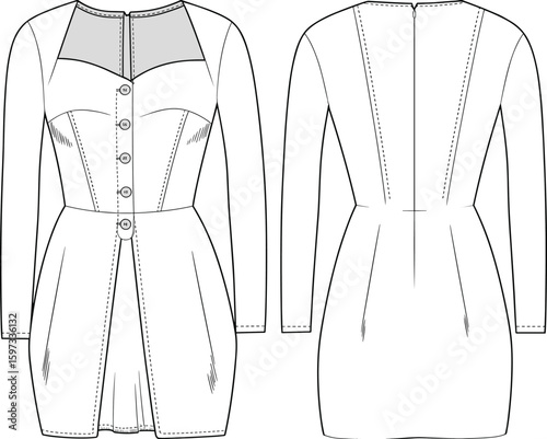 Fashionable long-sleeve dress design, front and back view illustration, stylish buttons and seam detail, modern garment sketch template, wardrobe essential, trendy clothing artwork