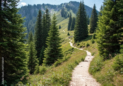 Mountain trail through lush forest