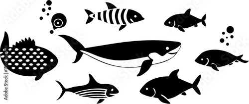 Black and white illustration of various fish species including whale, pufferfish and striped fish 100 chars | editable eps vectors silhouette