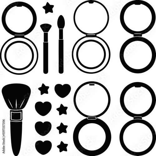 Illustration of various makeup items including compacts brushes hearts and stars in black and white style | editable eps vectors silhouette