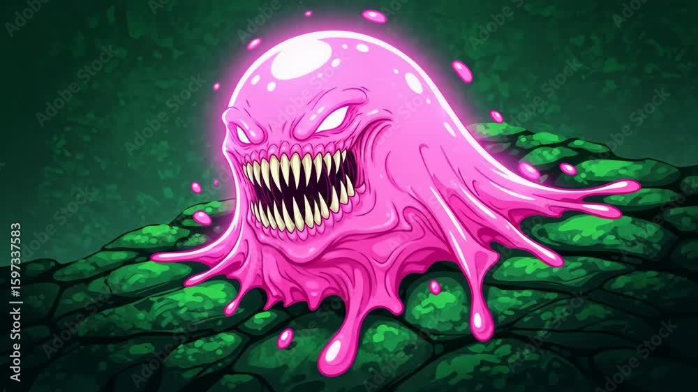 Pixel Art Glowing Pink Monster Blob Creature with Sharp Teeth on Textured Green Ground, Retro Video Game Style