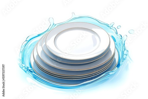 Clean white plates surrounded by soap bubbles and splashing water embody washing dishes highlighting the importance of cleanliness hygiene and daily household chores
