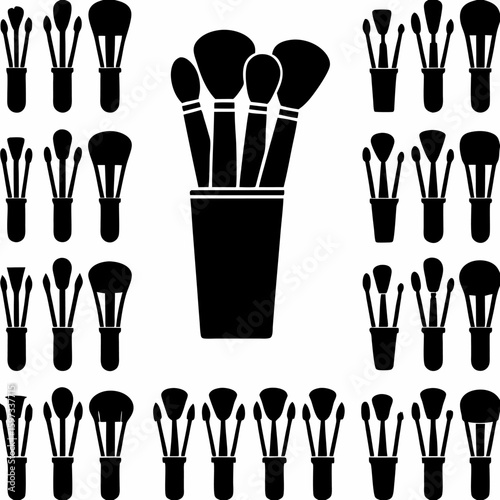 Collection of makeup brushes in a container and individual brush sets in a black and white design | editable eps vectors silhouette