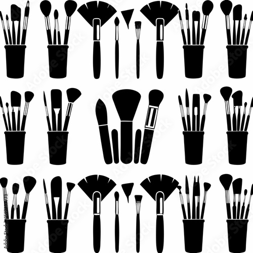 Collection of makeup brushes in containers and individual brushes in black silhouette on white background | editable eps vectors