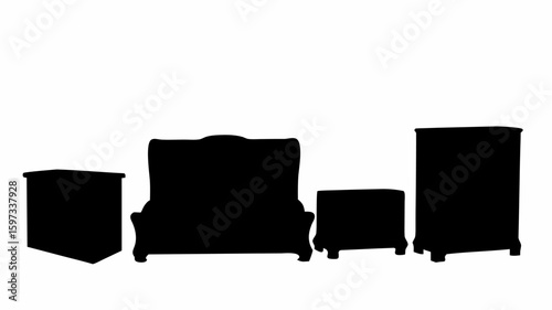 Silhouette of a bed frame flanked by two nightstands and a dresser on a white background | editable eps vectors