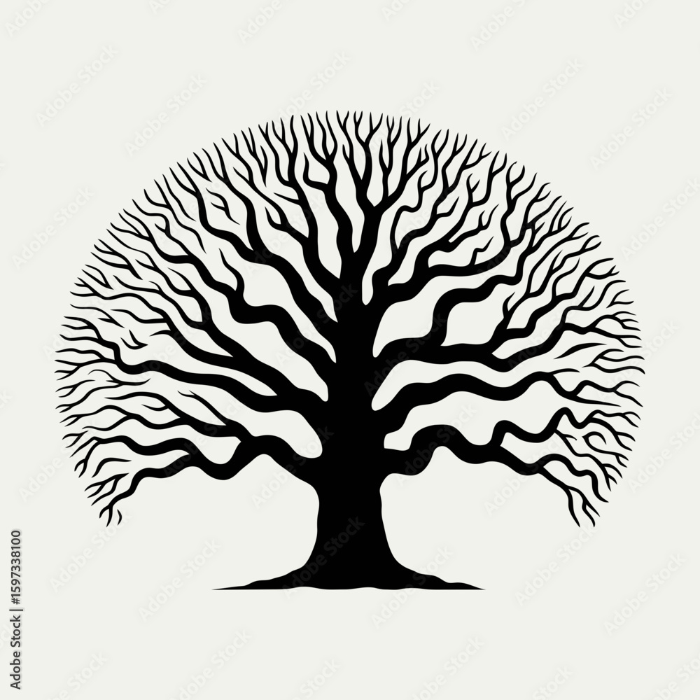 Naklejka premium Stylized black silhouette of a large tree with intricate branches isolated on white background silhouette