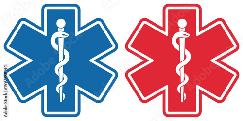 Two star of life medical symbols one blue and one red silhouette isolated on white background