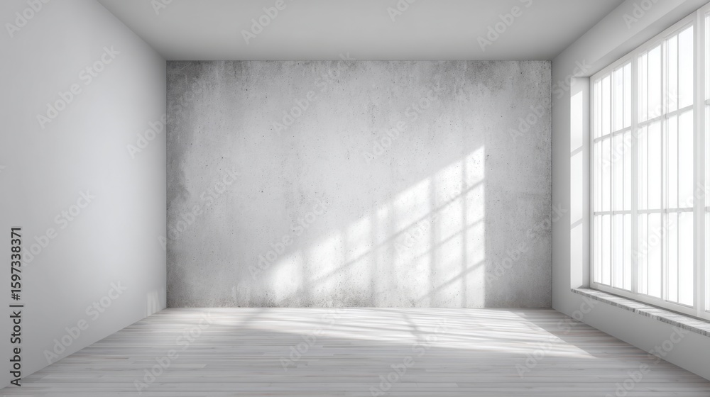 Fototapeta premium An empty room with a concrete wall and large windows lets sunlight pour in, creating a bright atmosphere suitable for creative projects or gatherings. The wooden floor adds warmth.