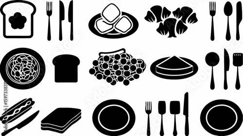 A collection of black and white food icons including bread croissants plates and various utensils shown well | editable eps vectors silhouette