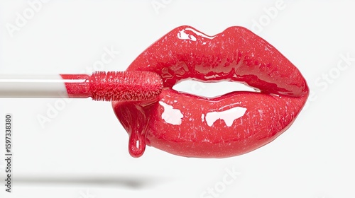 Close-up of luscious red lips being touched by a lip gloss applicator, with a single drop of gloss dripping down.