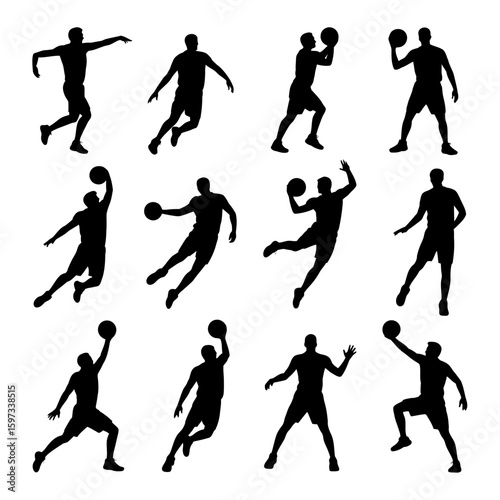 Dynamic basketball player silhouettes in action poses isolated on white background