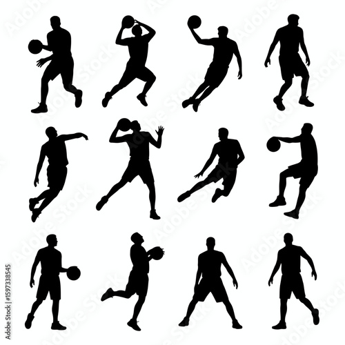Collection of basketball player silhouettes in dynamic action poses isolated on white background silhouette