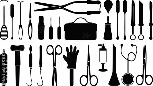 A collection of medical instruments and tools including scissors and a stethoscope in black silhouette | editable eps vectors