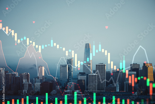 Fotografi Real estate and financial market crash overlay on San Francisco city skyline with descending stock chart and economic impact concept