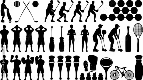 Silhouette collection of various sports figures and equipment arranged in rows and columns design | editable eps vectors