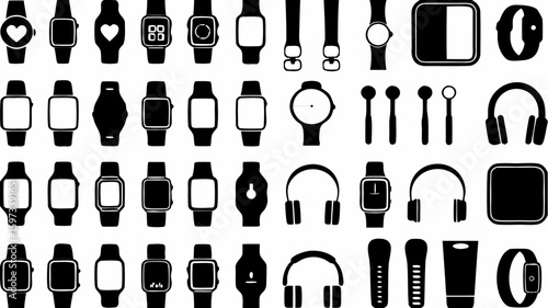A collection of various smart watches headphones and other electronic devices in black and white style | editable eps vectors silhouette