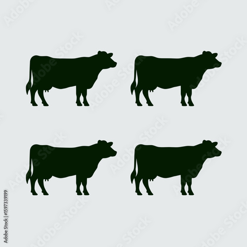 Four dark green cow silhouettes standing side profile isolated on white background silhouette