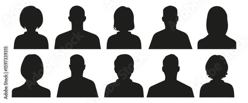 Collection of diverse male and female head and shoulder silhouettes isolated on white background silhouette