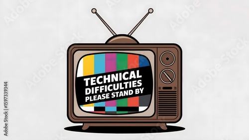 Retro television with color test screen and technical difficulties banner cartoon illustration