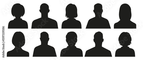 Diverse collection of human head and shoulder silhouettes isolated on white background silhouette