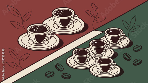Multiple set of tea or coffee cups arranged on dark red green background vector illustration