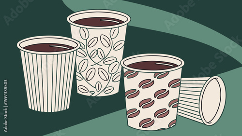 Multiple set of tea or coffee cups arranged on dark green background vector illustration