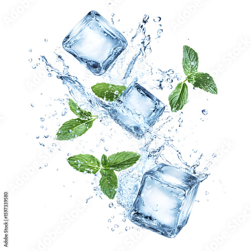 Refreshing ice cubes with fresh mint leaves and water splashes isolated on transparent background