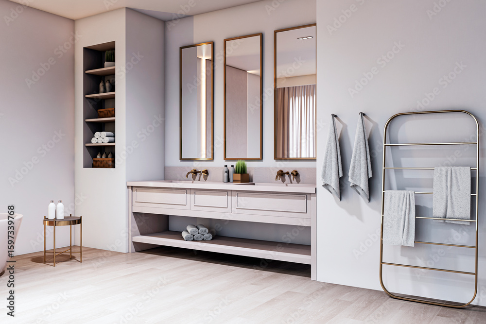 Fototapeta premium Modern elegant bathroom interior with double sink vanity, mirrors, towel rack and shelving, featuring minimalist luxurious design elements. 3D Rendering